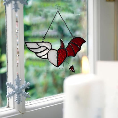 BOXCASA Angel and Devil Wings Decor Stained Glass Suncatcher for Window,Heart-Shaped Stained Glass Window Hangings,Angel Gifts for Women,Heart for Thanksgiving Gift
