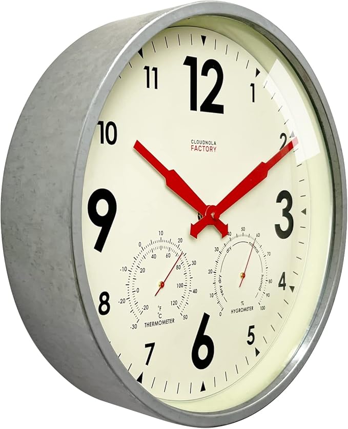 Cloudnola Indoor Outdoor Waterproof Metal Wall Clock with Thermometer and Hygrometer, Zinc Gray, 12 inch Silent Non-Ticking Battery Operated Quality Quartz Round Clock for Patio and Home Decor