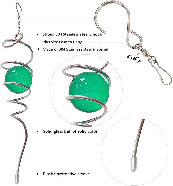 Aoedelyart Wind Spinner Tail Gazing Ball Spiral Decorative Wind Spinners Sun Catcher 11inch Tail and 2 inch Glass Orb. Indoor Outdoor Garden Decoration Wind Spinner Stabilizer -13 inch Height (Green)