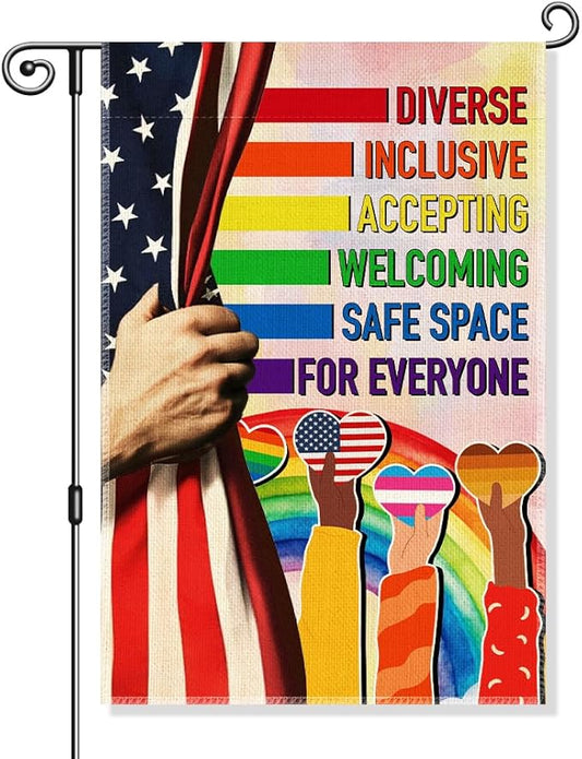 Diverse Inclusive Accepting Welcoming Garden Flag, LGBTQ Pride Ally Flags for Outside, Inclusion And Equality Yard Sign, Diversity Safe Social Justice Kindness Banner, Liberal Outdoor Decor