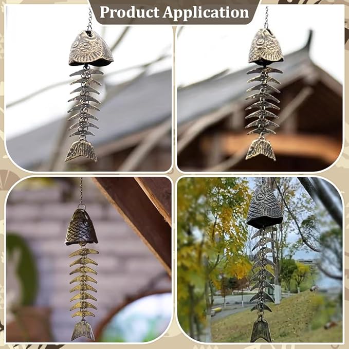PH PandaHall Fish Skeleton Wind Chime 13" Fish Windchime Iron Fishbone Wind Chime Vintage Metal Windchime Door Hanging Bells for Outdoor Home Garden Yard Decoration Gift, Antique Bronze