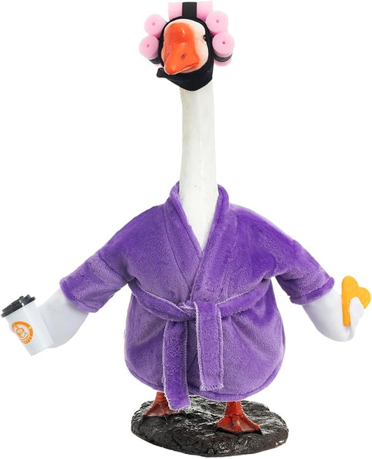 Porch Goose Outfit Fall Costume for 23'' Cement Goose Statue Winter Porch Goose Clothes Mamma Robe Self Care Outfit with Bathrobe Coffee Curlers for Outdoor Garden Yard Lawn Patio Decoration(Purple)