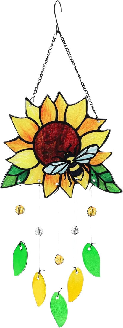 Stained Glass Suncatcher, Sunflower and Ladybug Window Hanging, 20 x 8 inches, Hand-Painted (Style 2)