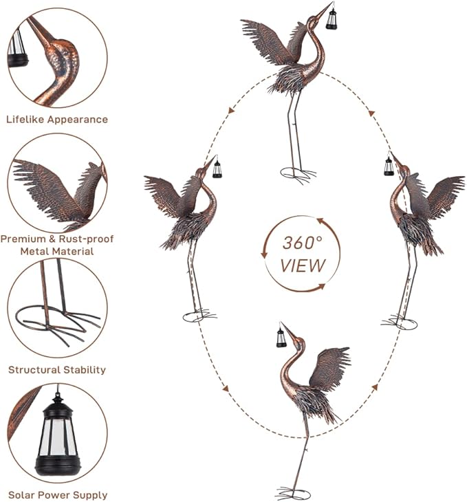 Crane Garden Statues for Outside, 43" Metal Heron Yard Art & Garden Sculptures - Large Outdoor Decor for Patio, Backyard, Pond, Lawn Ornaments