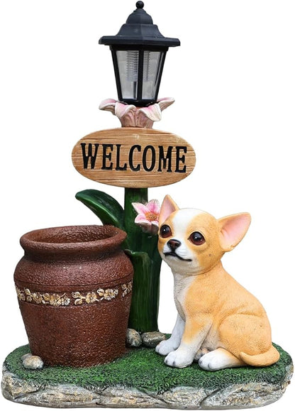 Solar Light Animal Outdoor Statue Planter with Welcome Sign, Resin Garden Sculpture Flower Pot for Patio Lawn Porch Yard Courtyard Decor, Weather-Resistant Decorative Figurine Accent (O)