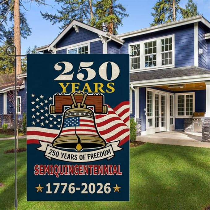 ZXvZYT 250 Years of Freedom America Garden Flag,Semiquincentennial,USA 250th Anniversary Patriotic Clock Design Flags Banner Double Sided Flax Outdoor Yard Decorative(12"x 18")