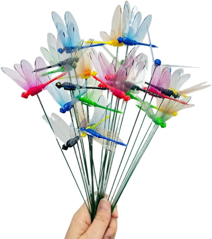 Garden Multicolor Dragonfly Stakes with Sticks, 25 pcs 3D Removable Fake Dragonfly,10" Waterproof Shaking Head Dragonflies Ornaments Garden Decor for Outside,Plant Decoration and House Warmings