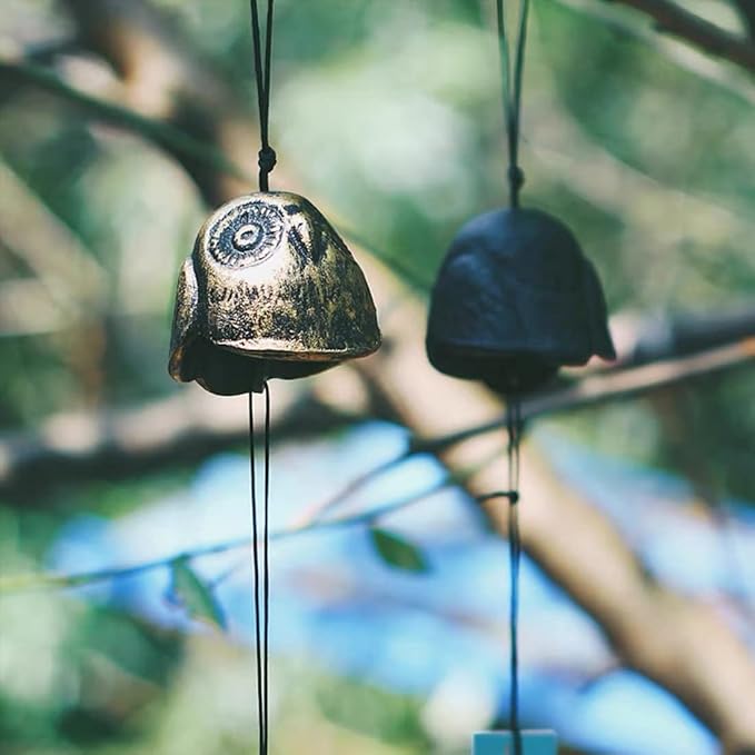 Set of 2, Japanese Bless Small Wind Chimes Outdoor, Iwachu Cast Iron Lucky Temple Wind Bell Memorial and Sympathy Wind Chimes for Outside Good Luck for Garden, Patio, Balcony (Goldfish and owl)