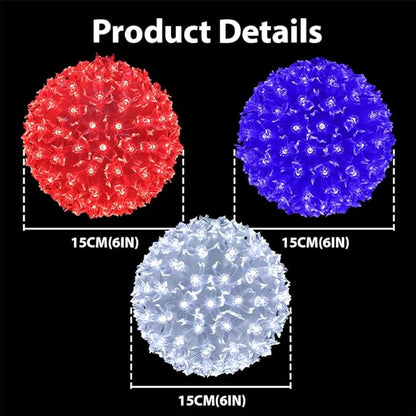 3PK 6 in Patriotic Light Ball, 100LED Red White Blue Sphere Lights, Steady Hanging Globe Lights for 4th of July, Memorial Day, Independence Day & Veteran Day, Red White Blue Decor for Outdoor Home