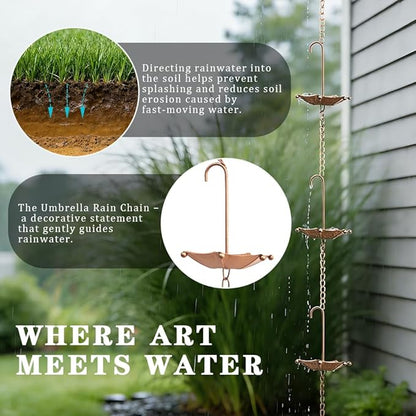8.5FT Rain Chains with 10 Umbrella Rain Chain Cups, Rain Catcher for Gutters, Decorative Copper Rainwater Diverter Rain Chimes for Garden Decor, Replacement for Outside Gutter Downspouts in Spring