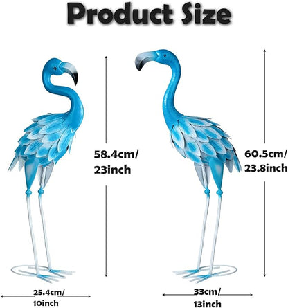 Set of 2 Metal Flamingo Garden Statues, Yard Flamingo Outdoor Decor for Lawn Patio Garden Backyard Display (Blue)