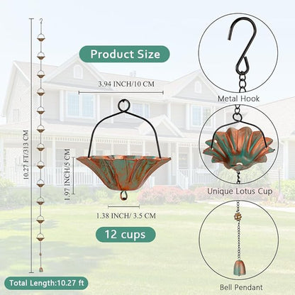 10 FT Lotus Rain Chain, Rain Chains for Gutters with 12 Bronze Cups, Adjustable Rain Catcher Chain with Bell for Eaves Drainage, Replacement for Downspout