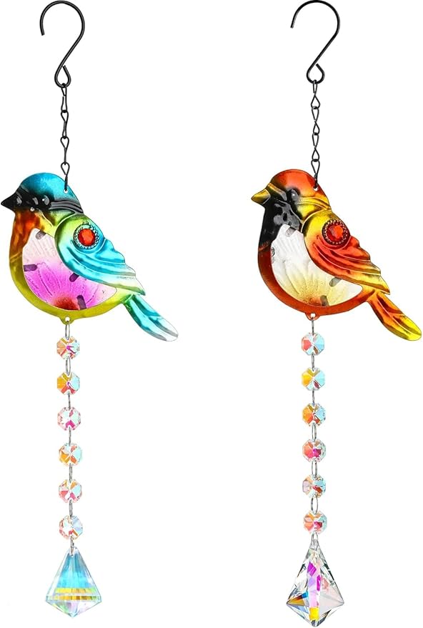 Stained Glass Bird Suncatchers with Crystal Prisms, Rainbow Light Effect Window Hanging Ornament for Christmas Tree, 21.2 Inch Length, Set of 2