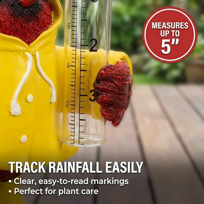 The Bridge Collection Cardinal in Raincoat Rain Gauge Statue - Cute Red Bird Spring Garden Decor