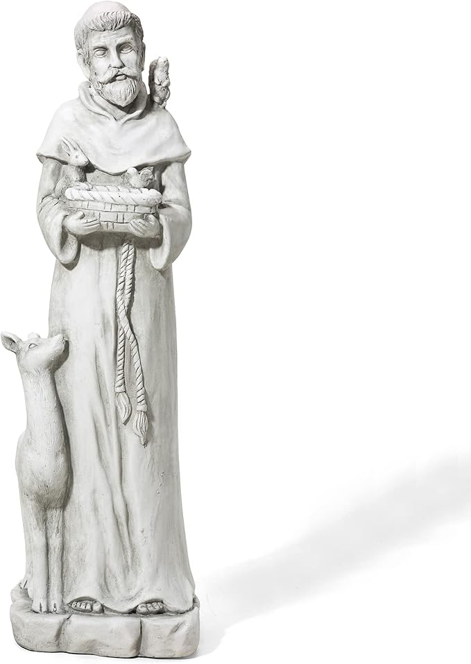 Glitzhome St. Francis Feeds Animals Statue Outdoor Garden Memorail Sculpture, 36.25in Tall, Cement Gray