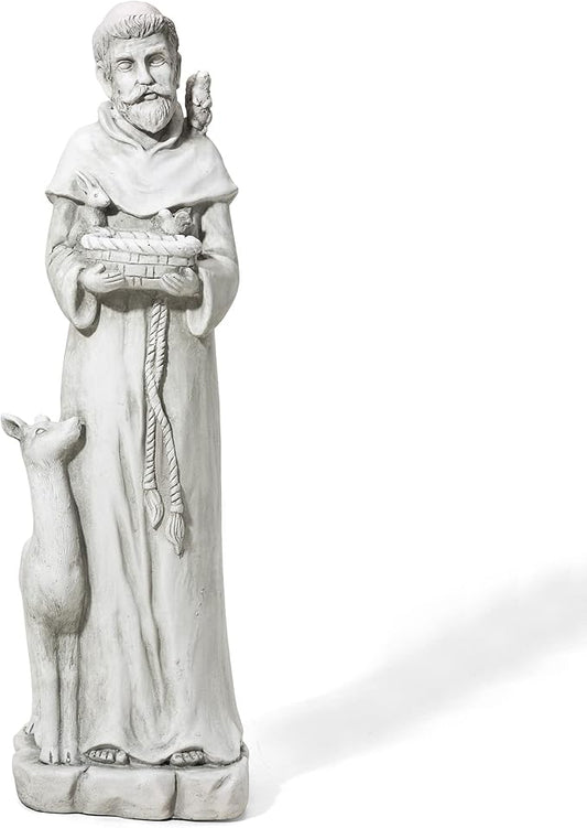 Glitzhome St. Francis Feeds Animals Statue Outdoor Garden Memorail Sculpture, 36.25in Tall, Cement Gray