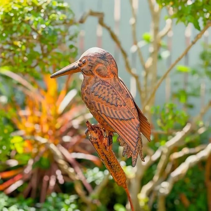 Rusty Kingfisher Metal Garden Stake, 42.5 Inch Bird Sculpture Yard Art, Decorative Lawn Ornament Gift for Bird Lovers (Bronze)