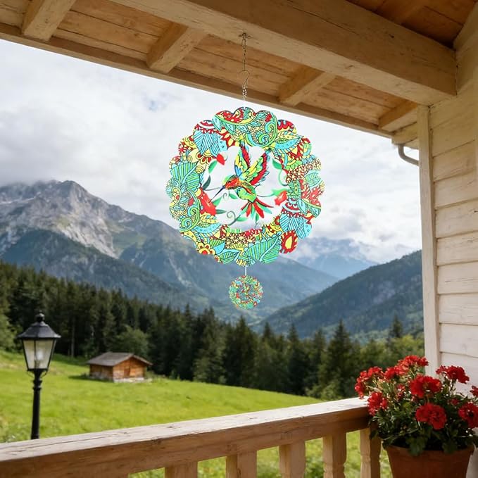 3D Hummingbird Wind Spinner Outdoor Garden Decor, 12 Inch, Stainless Steel Metal Hanging Sculpture for Patio Yard