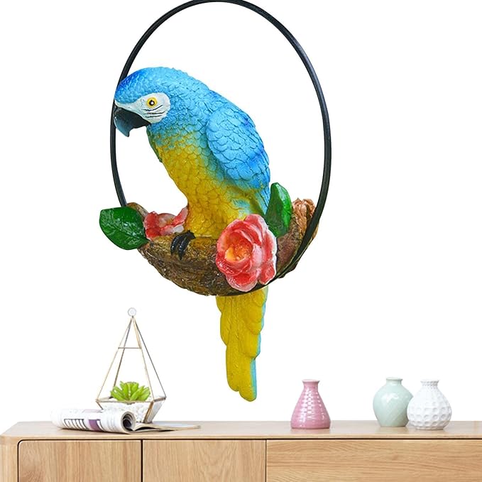 Hanging Parrot Statue Outdoor,Parrot Sculpture Decor for Outdoor Decor, Bird Decoration with Iron, Parrot Statue for Tree Lawn Garden Porch, Landscape Ornament