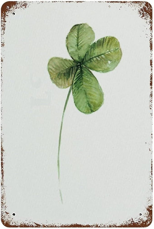 Antique Metal Tin Sign Four Leaf Clover Art Decor Good Luck Charm Decor Green Nature Wildlife Watercolor Aluminum Metal Sign Meadow Flower Modern Floral Garden Home Decor 8x5.5 Inch