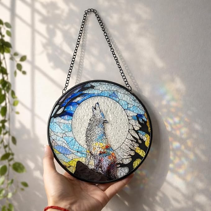 Stained Glass Window Hanging, Stained Glass Suncatcher, Wolf Sun Catcher with Metal Chain, Window Decor for Home Garden, Wolf Lover Gift, Housewarming, Christmas or Birthday Gift (Black)