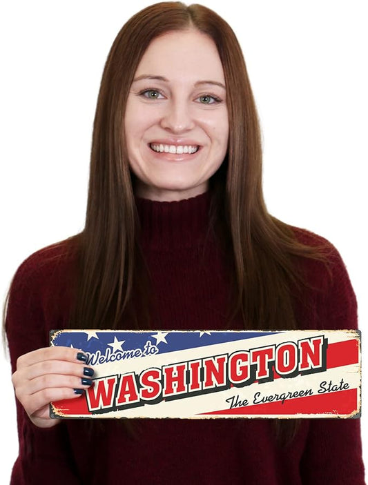 SmartSign 4 x 14 inch Welcome To Washington State Vintage Metal Sign “The Evergreen State”, 40 mil Rustproof Aluminum with Clear Overcoat, Retro Wall Décor, Multicolor, Made in USA