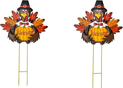 Fall Harvest Thanksgiving Metal Pumpkin Welcome Sign with Turkey Stakes Yard Decorations 28.5''H, Set of 2