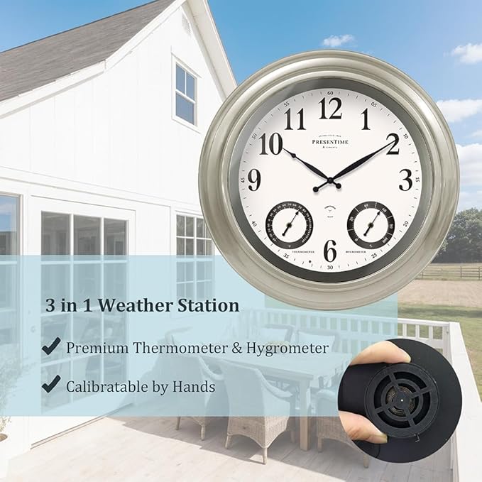 Presentime & Co 24" Jameson Illuminated in/Outdoor Clock, Modern Farmhouse, Self-Illuminated, Waterproof, Weather Station (Thermometer & Hygrometer), Metal Clock, Morning Silver. (Night Light)