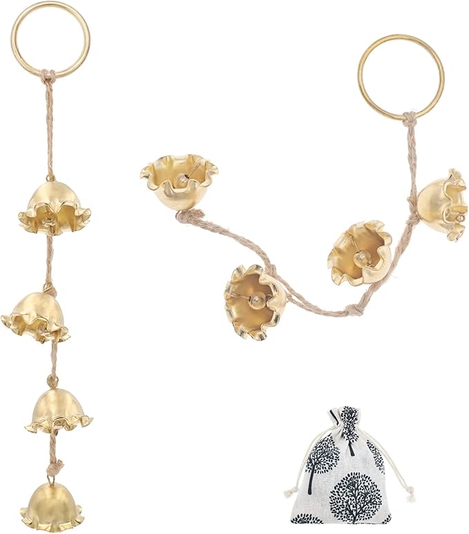 Gold Flowers Hanging Bells for Door Knob Decoration, Christmas Home Garden Decor Small Wind Chimes Jingle Bell on Rope