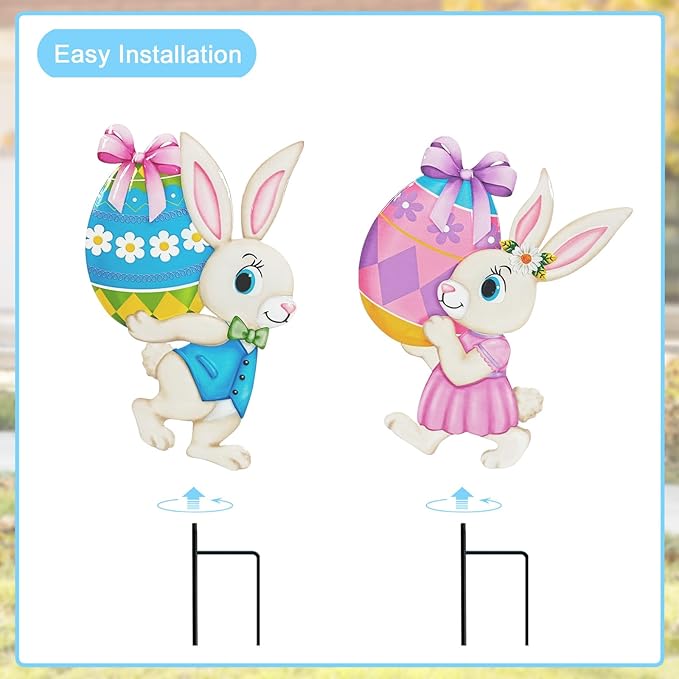 Easter Decorations Outdoor,2 Pack Metal Easter Egg Bunny Yard Signs for Outside,Cute Bunny Garden Stakes for Lawn,Yard,Rabbit Gifts for Women