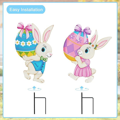Easter Decorations Outdoor,2 Pack Metal Easter Egg Bunny Yard Signs for Outside,Cute Bunny Garden Stakes for Lawn,Yard,Rabbit Gifts for Women