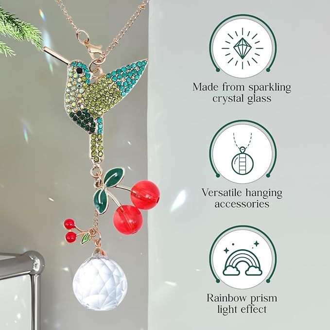 Crystal Hummingbird Sun Catcher with Rhinestones – Sparkling Prism Hanging Ornament for Window, Garden & Car Mirror, Cherry Crystal Décor and Gift for Women, Mom & Bird Lovers