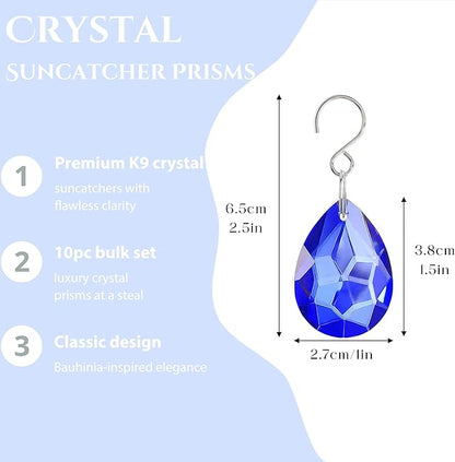 H&D HYALINE & DORA 10pcs Bauhinia Crystal Suncatcher Prisms Chandelier Beads Replacement 38mm Hanging Crystals Ornament Pendant for Window Wedding Party Decor,Blue