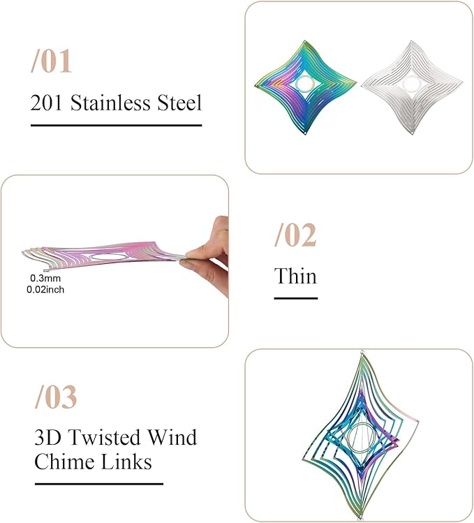 Stainless Steel Reflective Wind Spinners Outsides 3D Twisted Wind Chimes Gradient Rhombus Etched Metal Embellishments for Outdoor Indoor Garden Hanging Decor 2Pcs
