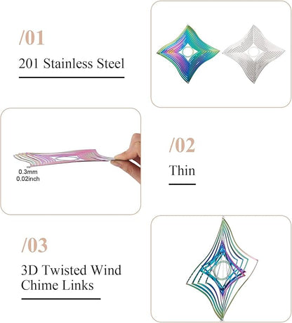 Stainless Steel Reflective Wind Spinners Outsides 3D Twisted Wind Chimes Gradient Rhombus Etched Metal Embellishments for Outdoor Indoor Garden Hanging Decor 2Pcs