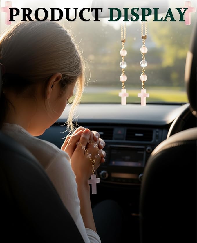 2PCS Crystal Cross for Car Mirror Hanging, Cute Healing Stones Car Rear View Charm Accessories Ornament for Sun Catcher