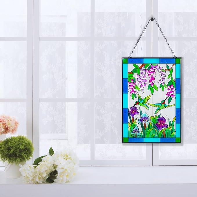 Viveta Hummingbird Stained Glass Window Hanging, Stained Suncatchers for Window, Hand-Painted Glass Panels with Chain, Gift for Mom Grandma Christmas Decor 10 * 15"
