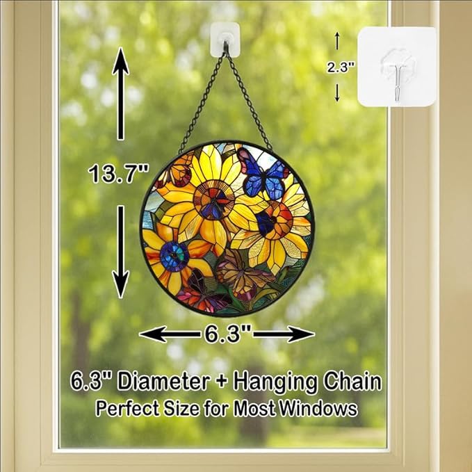 Sunflower and Butterfly Stained Glass Window Hanging Panel – Colorful Floral Suncatcher Wall Art for Home Window Decor and Gift