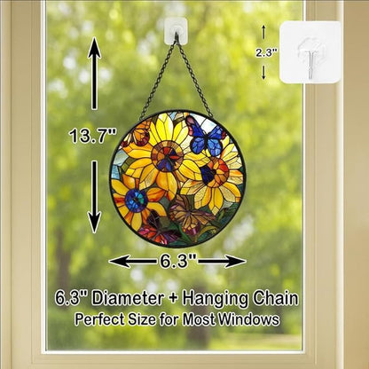 Sunflower and Butterfly Stained Glass Window Hanging Panel – Colorful Floral Suncatcher Wall Art for Home Window Decor and Gift