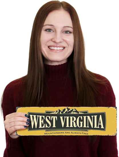 SmartSign 4 x 14 inch West Virginia State Vintage Metal Sign “Mountaineers Are Always Free”, 40 mil Rustproof Aluminum with Clear Overcoat, Retro Wall Décor, Multicolor, Made in USA