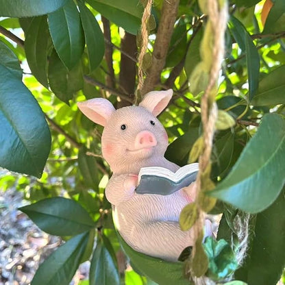 Hanging Hammock Swing Pig Figurine Statues for Garden Decor, Sleeping Reading Pig Tree Hanger for Yard Garden Indoor Outdoor Home Decoration