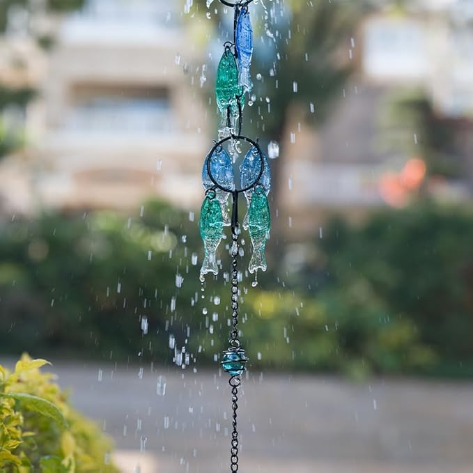 dreamysoul Rain Chains for Outside, 7.87FT Adjustable Blue Glass Rain Chain, Fish Shpe Decorative Rain Catcher Chains for Gutters, Downspout, Eaves, Drainage