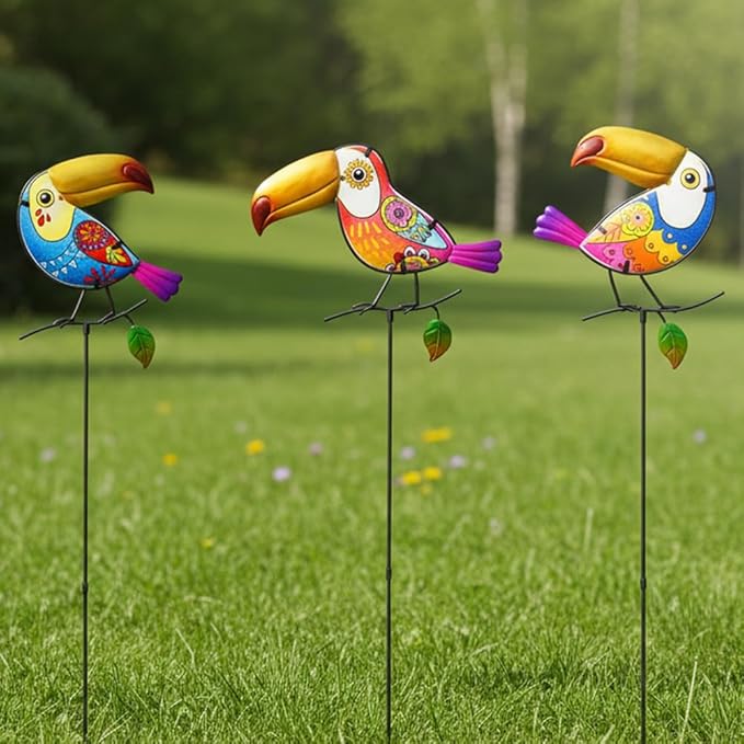 Decorative Garden Stakes,Set of 3 Toucan Stained Glass Metal Yard Art Outdoor,Waterproof Spring Garden Stakes Decorative for Lawn Patio Pathway