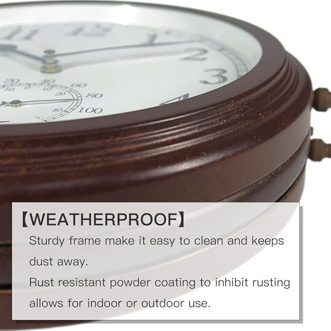 BESTIME 66276A Double Sided Metal Wall Clock with Antique Red Copper. Dial: 10-Inch,Thermometer, Quiet,Easy Read,Retro Station,Antique Hanging Clocks for Garden,Home Decor,Indoor,Outdoor,Living Room.