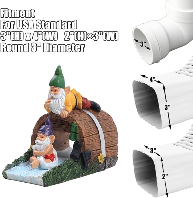 Decorative Downspout Extension, Cute Gnomes Gutter Diverter & Splash Block, Garden Statue Fits 3x4 Gutter Downspout, Prevents Mud & Puddles During the Spring, Garden Decoration for Summer.