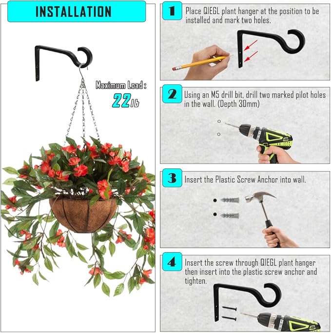 QIEGL Hanging Plant Bracket 6inch Al-Alloy Plant Hooks Silver Anodized Shepherds Hook Decorative Wall Plant Hanger for Hanging Lanterns, Bird Feeder, Flower Basket, Home Decor Indoor & Outdoor 2 Pack