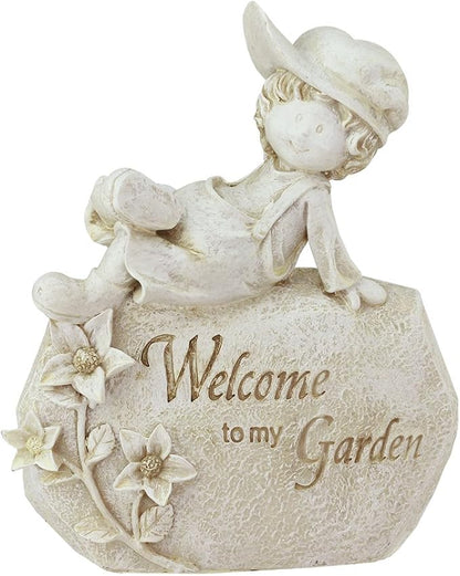 Northlight 7.5" Boy Sitting on Rock 'Welcome to My Garden' Outdoor Patio Garden Statue
