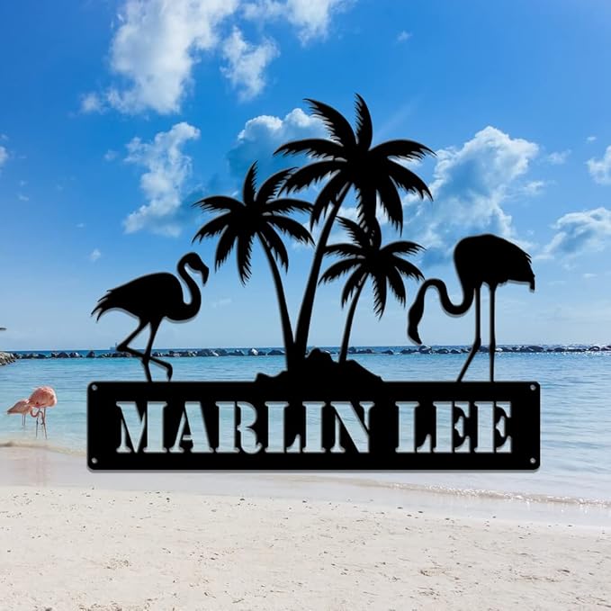 MeMate Flamingo Decor, Personalized Outdoor Metal Signs for Backyard, Porch, Deck - Custom Name Signs, Housewarming Gifts
