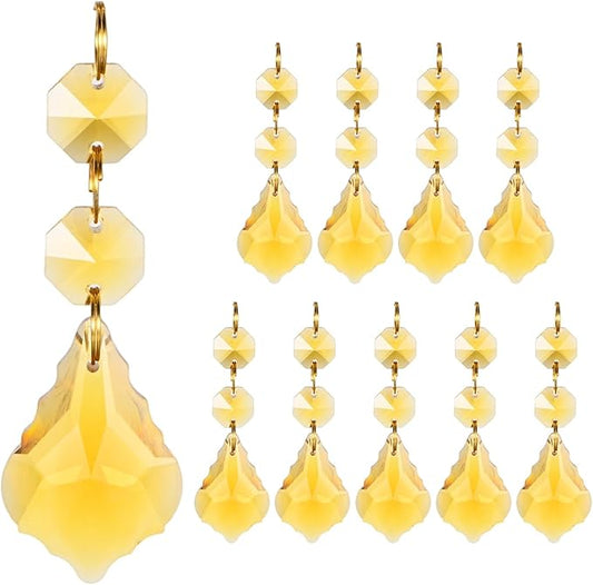 M METERXITY 10PCS Crystal Suncatcher 2 Leaves Prisms Pendants Ornament, 38mm Chandelier Hanging Crystal Sun Catcher Beads for Home Garden Windows Wedding DIY Decoration [Yellow]