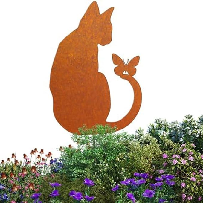 FABULETTA Sitting Cat Garden Decoration Rusty Iron Statue 30x22cm Outdoor Ornament for Yard Lawn Patio Decor Weather Resistant Metal Art(Sitting cat)